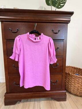 Zenana Outfitters Pink Ruffle Collar Puff Sleeve Blouse